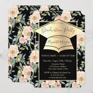 Invitation Casquette de remise des diplômes, Fleurs Roses Noi