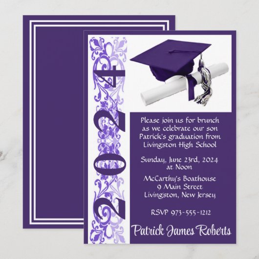 Invitation Casquette & Diplôme 5x7 Purple & Blanc Graduation (Devant / Derrière)