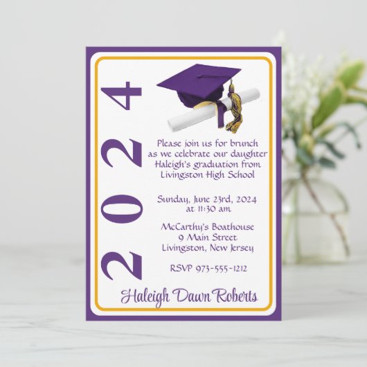 Invitation Casquette & Diplôme 5x7 Purple & Gold Graduation (Debout devant)