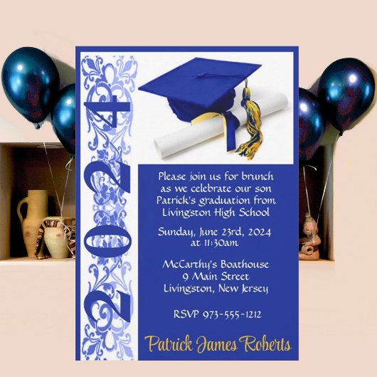Invitation Casquette & Diplôme 5x7 Royal Blue & Gold Graduati