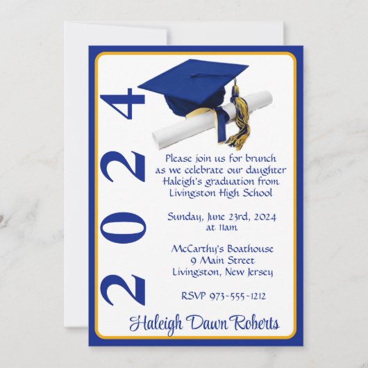 Invitation Casquette & Diplôme 5x7 Royal Blue & Gold Graduati (Devant)