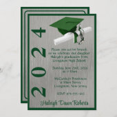 Invitation Casquette & Diplôme 5x7 Vert et Argent (Devant / Derrière)