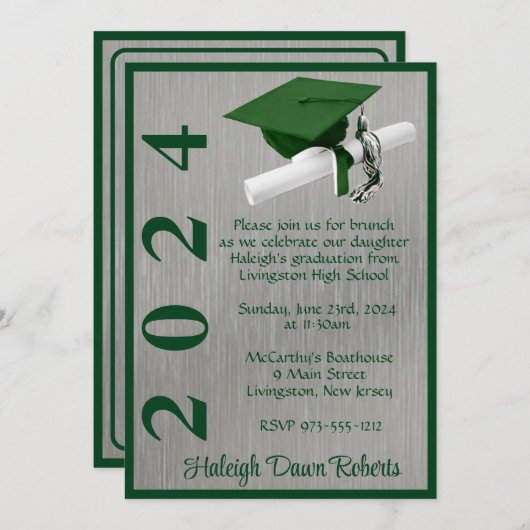 Invitation Casquette & Diplôme 5x7 Vert et Argent (Devant / Derrière)