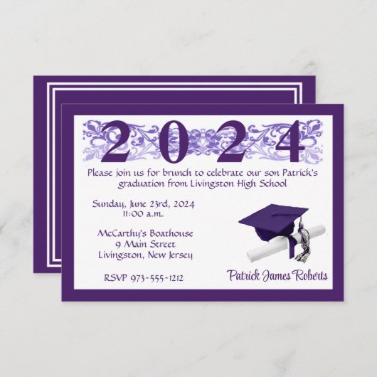 Invitation Casquette & Diplôme, blanc & violet (Devant / Derrière)