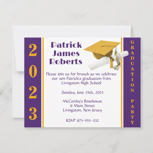 Invitation Casquette & Diplôme, Gold & Purple Graduation Invi (Devant)