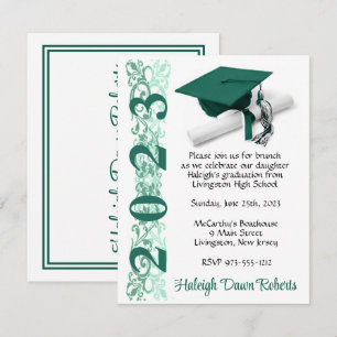 Invitation Casquette & Diplôme, Hunter Green & White Graduati