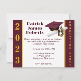 Invitation Casquette & Diplôme, Maron & Gold Graduation Invit