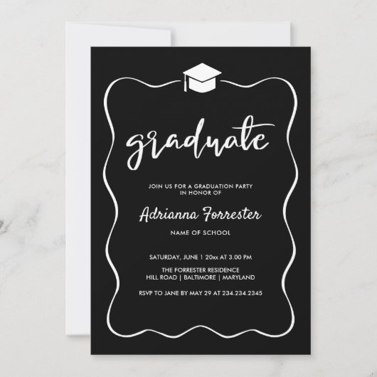 Invitation Casquette diplômé Moderne Cute Ribbon Cadre Noir (Devant)