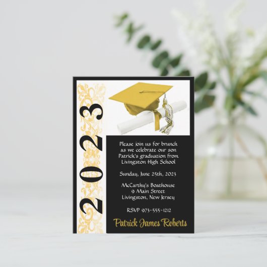 Invitation Casquette & Diplôme, Noir & Or (Debout devant)