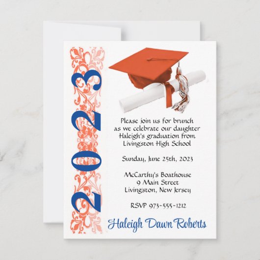 Invitation Casquette & Diplôme, Orange & Bleu (Devant)