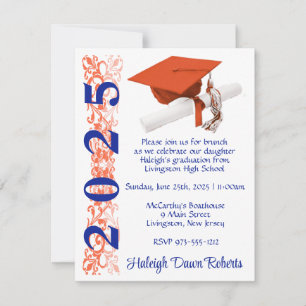 Invitation Casquette & Diplôme, Orange & Royal Blue Graduatio