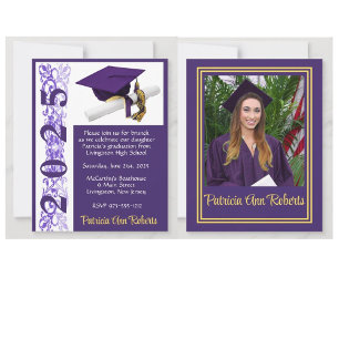 Invitation Casquette & Diplôme Photo, Purple & Gold Graduatio