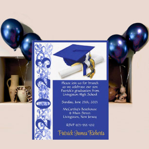 Invitation Casquette & Diplôme, Royal Blue/Gold Graduation