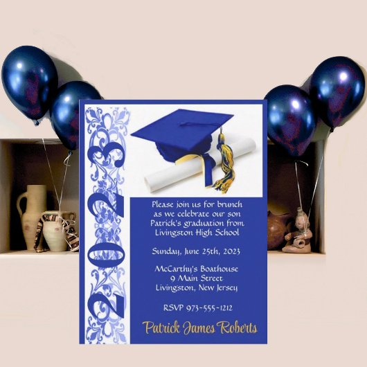 Invitation Casquette & Diplôme, Royal Blue/Gold Graduation