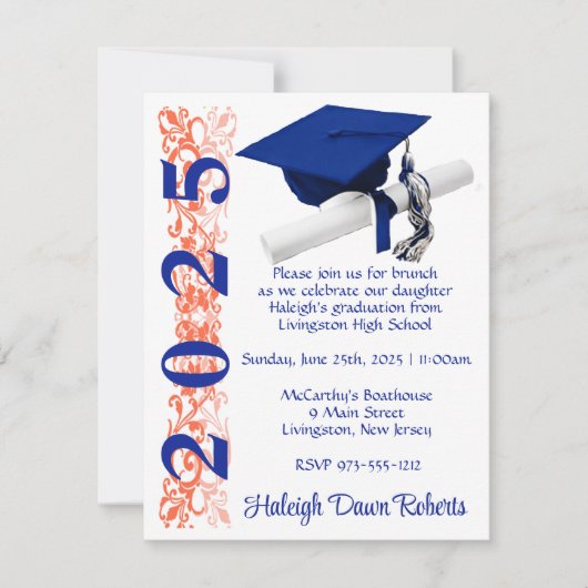 Invitation Casquette & Diplôme, Royal Blue & Orange Graduatio (Devant)