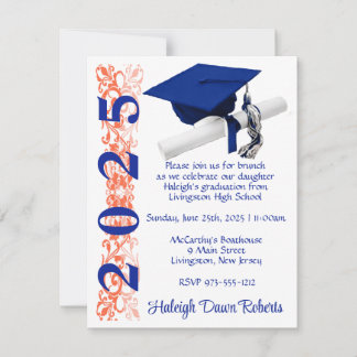 Invitation Casquette & Diplôme, Royal Blue & Orange Graduatio