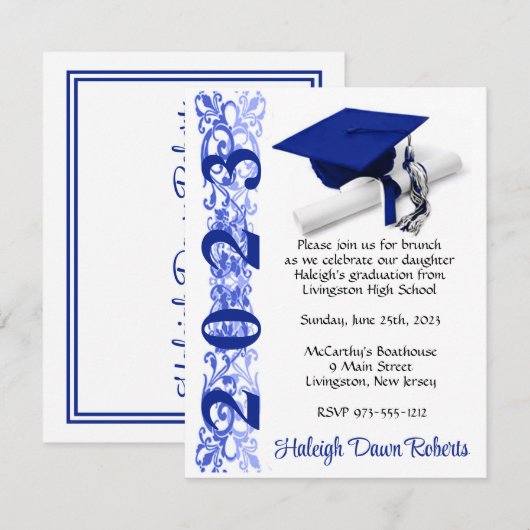 Invitation Casquette & Diplôme, Royal Blue & White Graduation (Devant / Derrière)