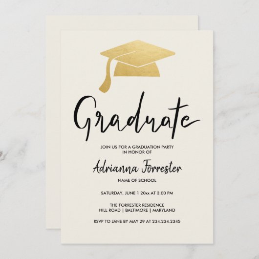Invitation Casquette diplômé Script Faux Gold Foil (Devant / Derrière)