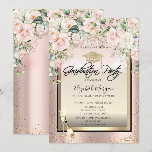 Invitation Casquette diplômé, Verre à vin, Confetti Rose Grad (Devant / Derrière)