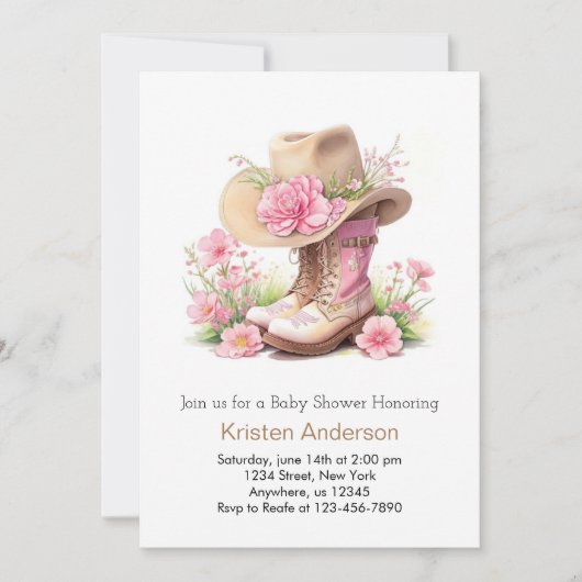 Invitation Casquette et bottes Baby shower rustique de fille (Devant)