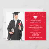 Invitation Casquette et Confetti avec photo, Graduation Rouge (Devant)