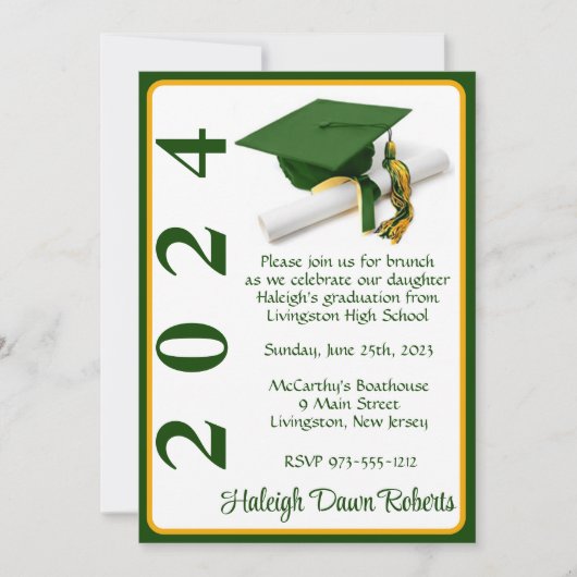 Invitation Casquette et diplôme 5x7 Green & Gold Graduation (Devant)