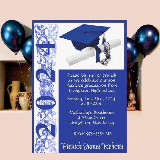 Invitation Casquette et diplôme 5x7 Royal Blue & White Gradua