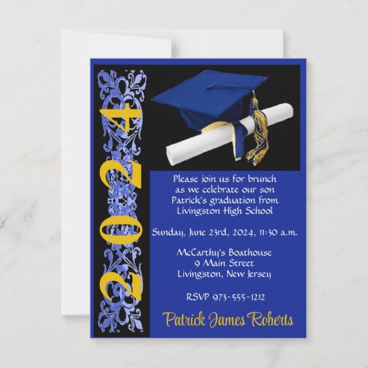 Invitation Casquette et diplôme, Royal Blue/Black/Gold Gradua (Devant)