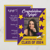 Invitation Casquette et étoiles Purple et Gold Graduation (Devant / Derrière)