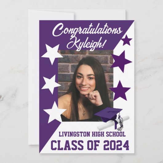 Invitation Casquette & Étoiles 5x7 Purple et Blanc Graduation (Devant)