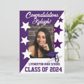 Invitation Casquette & Étoiles 5x7 Purple et Blanc Graduation (Debout devant)