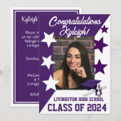 Invitation Casquette & Étoiles 5x7 Purple et Blanc Graduation (Devant / Derrière)