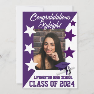 Invitation Casquette & Étoiles 5x7 Purple et Blanc Graduation