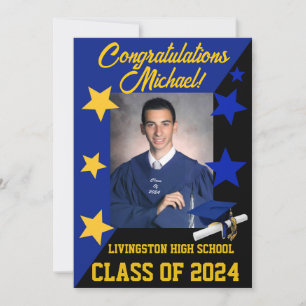 Invitation Casquette & Étoiles 5x7 Royal Bleu, Noir, Gold Gra