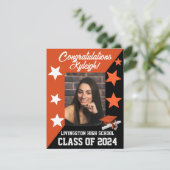 Invitation Casquette & Étoiles Orange & Noir Graduation (Debout devant)