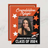 Invitation Casquette & Étoiles Orange & Noir Graduation (Devant / Derrière)