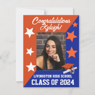 Invitation Casquette & Étoiles Orange & Royal Blue Graduation
