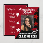 Invitation Casquette & Étoiles Scarlet Red & Black Graduation (Devant / Derrière)
