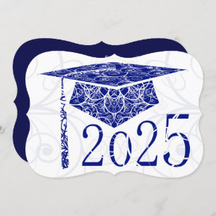Invitation Casquette floral bleu et blanc 2025 Graduation Par