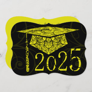 Invitation Casquette floral jaune et noir 2025 Graduation Par