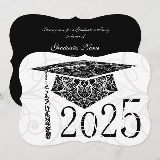 Invitation Casquette floral noir et blanc 2025 Graduation Par (Devant / Derrière)