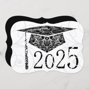 Invitation Casquette floral noir et blanc 2025 Graduation Par