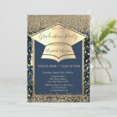 Invitation Casquette Gold Grad, Diamonds Blue Leopard Graduat (Debout devant)
