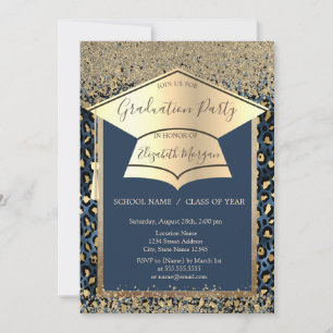 Invitation Casquette Gold Grad, Diamonds Blue Leopard Graduat