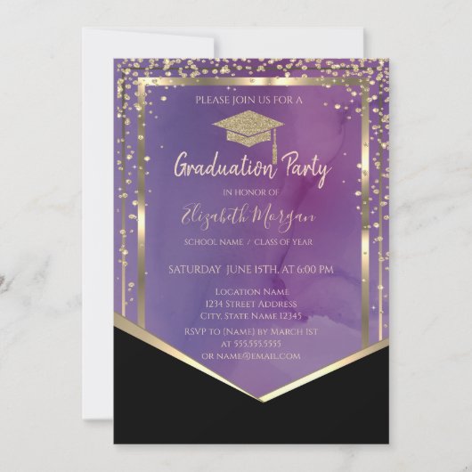 Invitation Casquette Gold Grad Frame Aquarelle Violet Graduat (Devant)