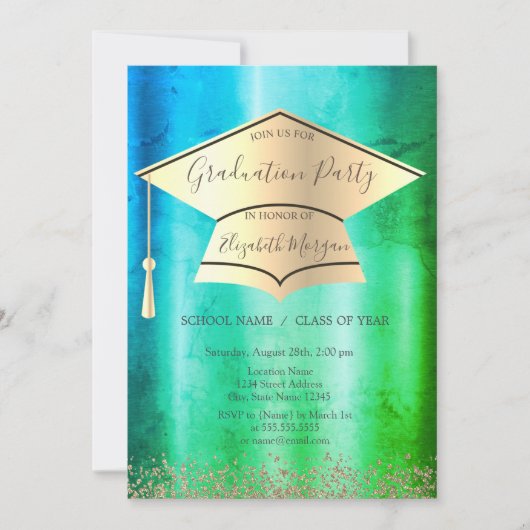 Invitation Casquette Gold Grad, Gold Diamonds Green Graduatio (Devant)