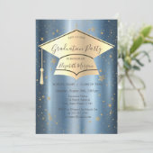 Invitation Casquette Gold Grad, Stars Blue Metallic Graduatio (Debout devant)