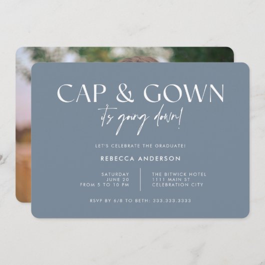 Invitation Casquette Gown ça va tomber Graduation gris modern (Devant / Derrière)