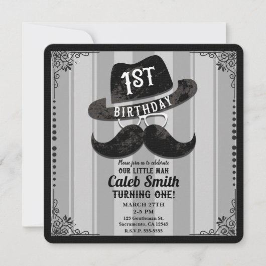 Invitation Casquette Hipster Mustache lunettes 1er fête d'ann (Devant)