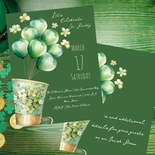 Invitation Casquette Leprechaun avec ballons et Shamrocks